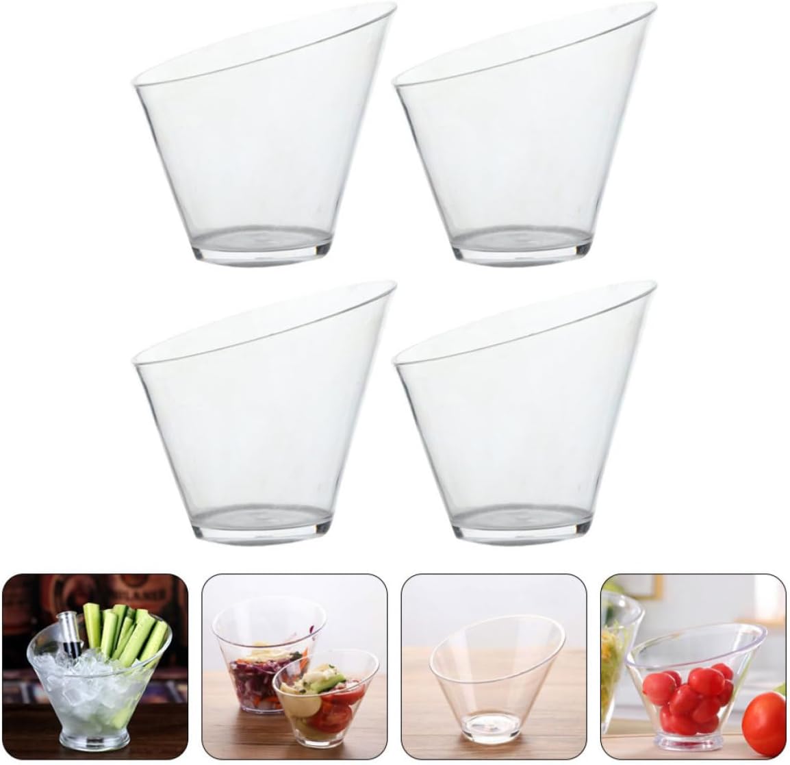 4pcs Clear Angled Salad Bowls Acrylic Wide Top for Parties and Buffets