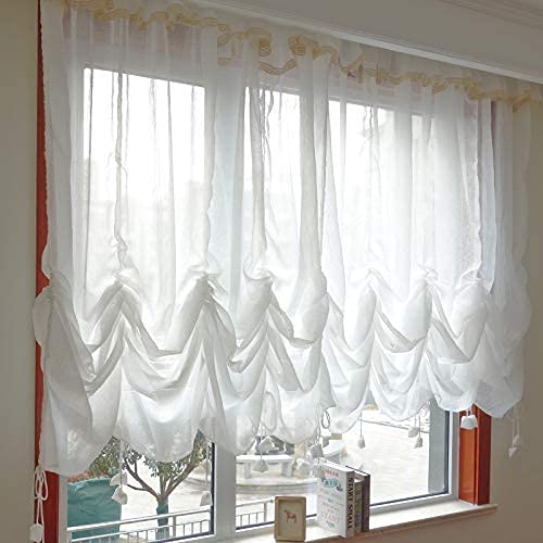 FADFAY Sheer Curtain 78"x59" Attached Valance Farmhouse White Lace Balloon Curtain Adjustable Tie-Up Curtain Shades, 1 Panel Door Curtain Shabby Tulle Curtain for Window