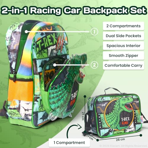 Image of Dino Backpack & Dino Theme Lunch Box Set for Boys & Girls 15 Inch with Insulated Lunch Bag | Cute Kids Backpack Water Bottle Pocket, Padded Straps | Travel & School Bag Combo