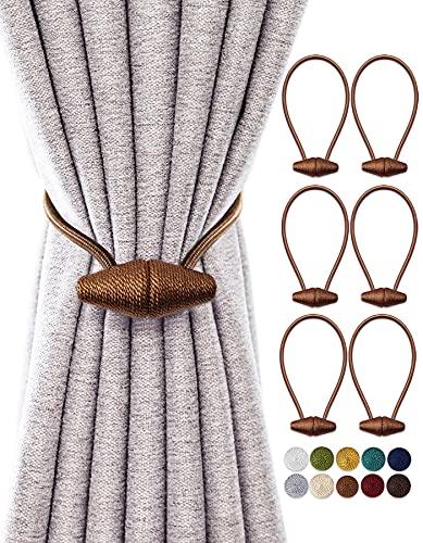 TECVINCI Magnetic Curtain Tiebacks with Upgrade Larger Magnet, 6 Pack 16 Inch Drapery Holdbacks for Indoor & Outdoor Curtain - Light Brown