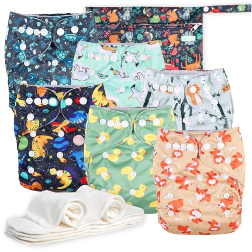 Image of Wegreeco Cloth Diapers 6 Pack with Inserts & Wet Bag, Washable Reusable Diapers for Babies, One Size Adjustable (Yellow Ducks)