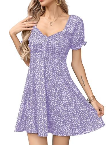 Image of Missufe Women's Puff Short Sleeve Drawstring Ruched Front Fit and Flare Floral Summer Casual Short Dress