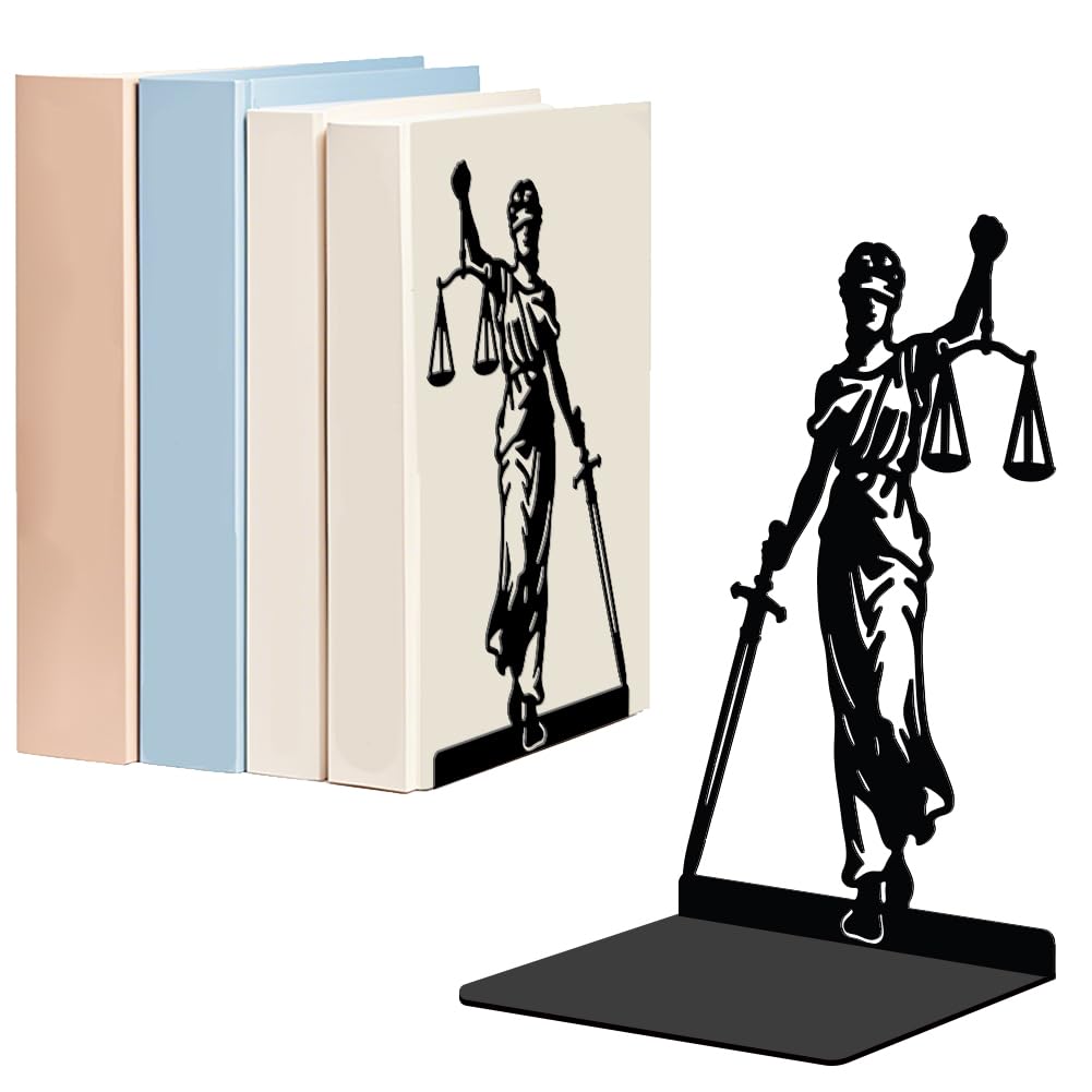 WADORN 1 Pair Goddess of Justice Metal Decorative Bookend for Shelves, Heavy Duty Book Ends Modern Non-Skid Books Holder Stand Black Book Support Stoppers for Desk Bookshelf Office, 5.3x4.3x7.8 Inch