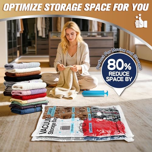 Storage Master Space Saver Bags for Travel and Home Reusable Vacuum Storage Bags Save 80% More Storage Space Work with Vacuum Cleaner (10 Large with Hand Pump)