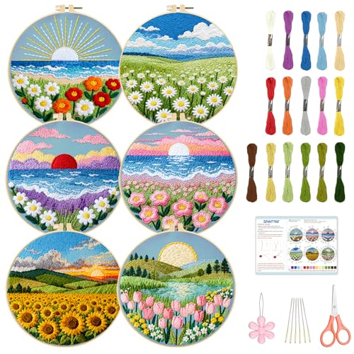 Image of BEUNITONE 6 Set Flower Sea Starter Embroidery Kit with Pre-stamped Pattern Needlepoint Craft Kits with Embroidery Hoops Complete DIY Handmade Cross Stitch Set for Home Decor and Festival Gifts 20x20cm