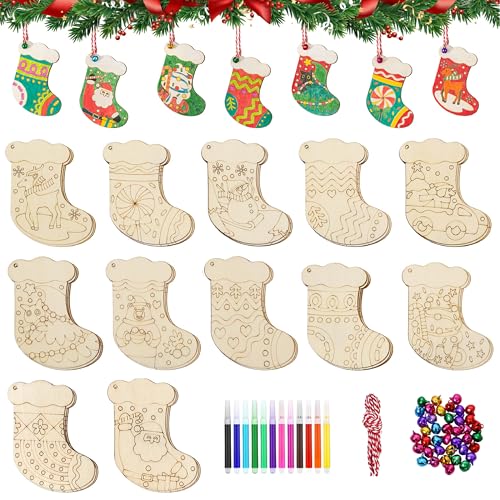 Golibra 36 PCS Wooden Christmas Stocking Ornaments, 12 Styles DIY Unfinished Wood Crafts with Strings, Colored Bells and Pens, Holiday Arts Crafts Supplies Christmas Tree Hanging Decorations
