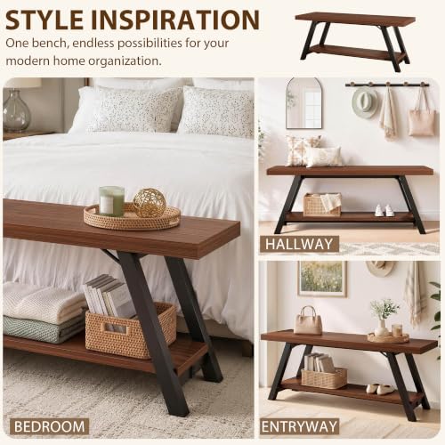 LVB Wood Entryway Bench, Industrial Metal Indoor Shoe Rack, Wooden Storage Bench for Bedroom, Farmhouse Hallway Seating, Walnut, 47 Inch by LVB - Used condition - Image 5