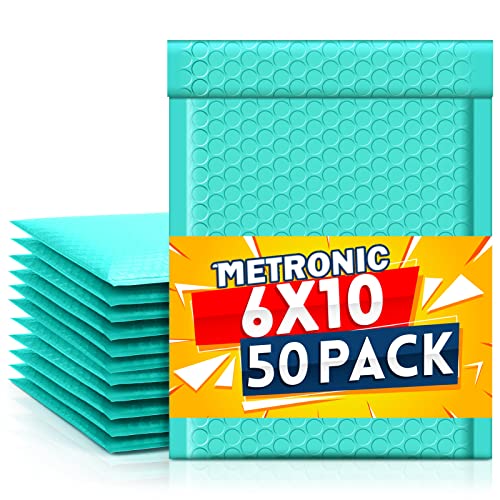 Image of Metronic Bubble Mailers 6x10 Inch 50 Pack Teal Padded Envelopes Waterproof | Usable Size 6x9 inch Tear Resistant Bubble Envelopes Self Seal Adhesive padded Mailers for Shipping Jewelry, Small Items