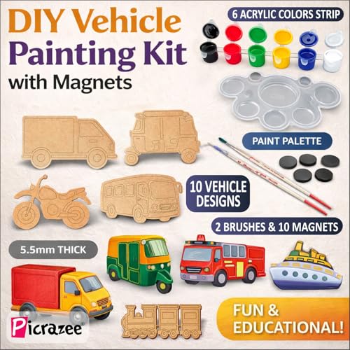 Image of PICRAZEE DIY Wooden Vehicle Painting Kit for Kids | 10 Pine MDF Vehicle Cutouts (5.5 mm Thick) with Acrylic Colors, Brushes, Palette & Magnets | Art & Craft Creative Activity Toy