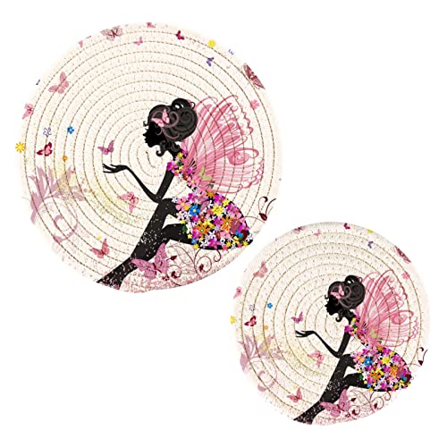 Ammao Fairy Elf Butterfly Girl Pot Holders Trivets Set 2Pcs Thread Weave Kitchen Potholders Heat Resistant Coasters Hot Dish Pan Pot Bowl Teapot Hot Pads Mats Cooking Baking Decor #TOP5