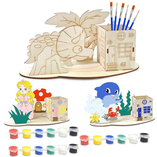 Vileafy 3 Pack Paint & Build Wooden Craft Kits for Kids Ages 4–8, DIY Arts & Crafts Set with Paints & Brushes, Dinosaur, Ocean & Princess
