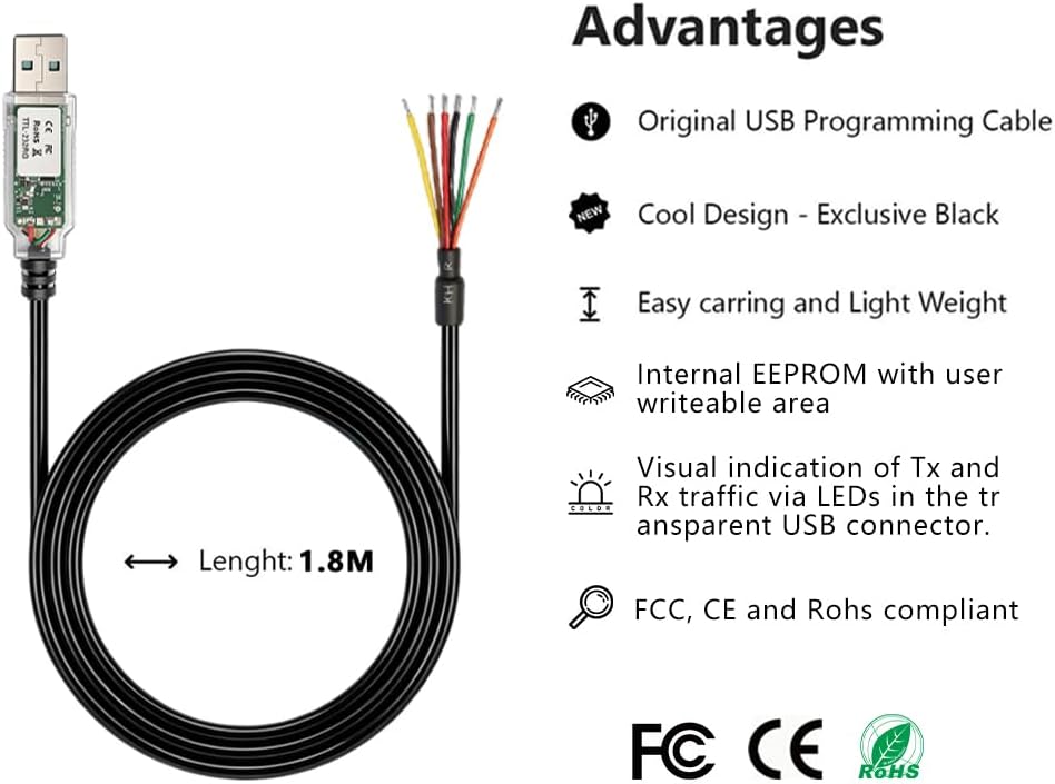 TTL-232RG-VREG1V8-WE TTL to USB Serial Converter Adapter, USB to UART Cable, Supports +1.8V TTL Level UART Signals, Compatible with Windows, Linux, MAC OS