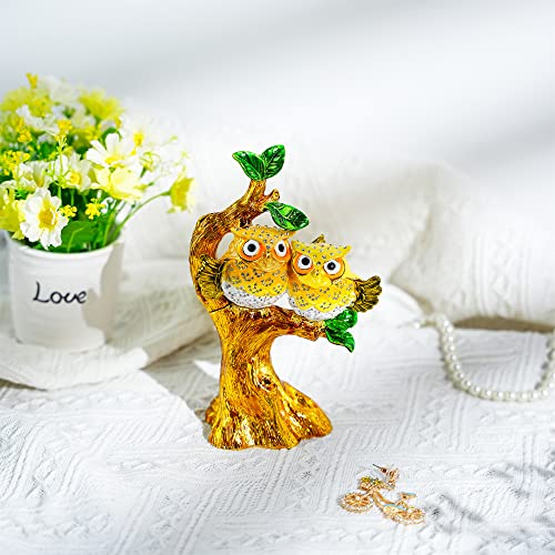 Yu Feng Hand-Painted Enamel Pair Of Owl Sitting On Branch Trinket Box Hinged Jewelry Organizer With Crystals, Ring Earrings Storage, Home Decor Figurine Keepsake Collectible (6.8Inch,Yellow) #TOP2
