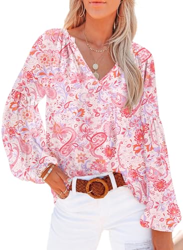 Dokotoo Women's Casual Boho Floral Print V Neck Long Sleeve T Shirt Blouses