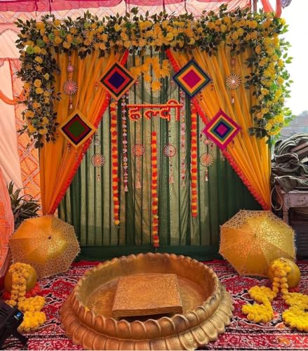 Paper Backdrop Setup for Mehndi, Haldi, Marrige, Pooja, Ganpati, Home Decoration Combo of Marigold Strings Festival Decor, 15 Cm (Haldi Backdrop)