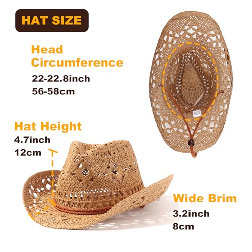 Image of DRESHOW Straw Cowboy Cowgirl Hat for Women Men Western Coastal Cowboy Beach Hat with Shapeable Brim Unisex Rolled up Caps
