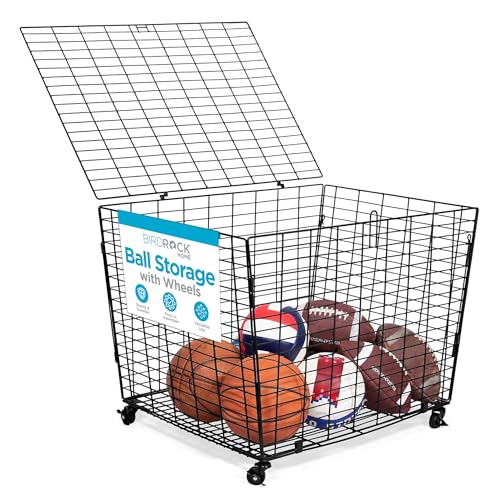 BIRDROCK HOME Sports Ball Basket Organizer with Wheels & Heavy Duty Casters – Ideal for Basketball, Football, Soccer, Baseball – Lockable Ball Storage Locker with Lid for Gym, Garage or Outdoor Use | Ball Organizer for Garage, Gym, or Outdoor Use, Garage Sports Organizer for Basketballs, Footballs, Soccer, Volleyball