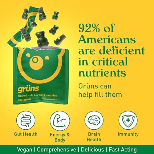 gruns adults super greens multivitamin gummies superfood vitamin gummy bears with spirulina chlorella prebiotic fiber for digestive health adaptogens supplement 20 vitamins amp minerals 28 count