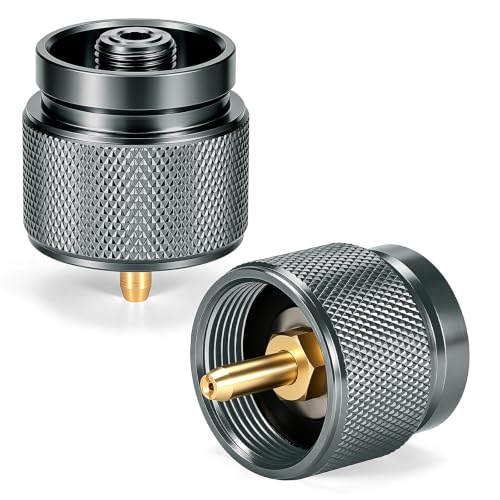 SEADESKY 2Pcs Camping Stove Adapter Propane to Butane Adapter 1 Lb Propane Small Tank Input EN417 Lindal Valve Output Gas Adapter Converter Outdoor Cylinder LPG Canister Convert