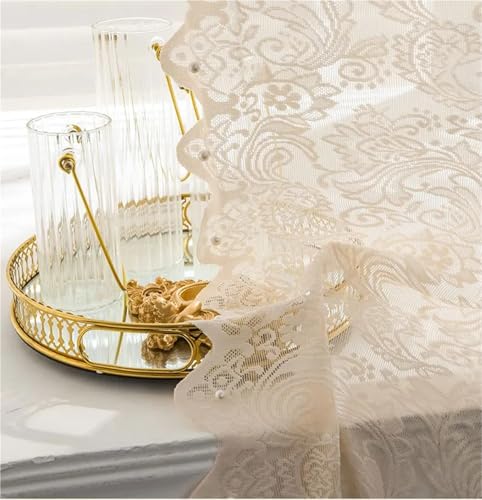 SDIUAKBV Cortinas de Encaje Beaded Beige Lace Window Screen Gauze Curtain Door Curtain Princess Style Decorative Curtain(3pcs,140x244cm)