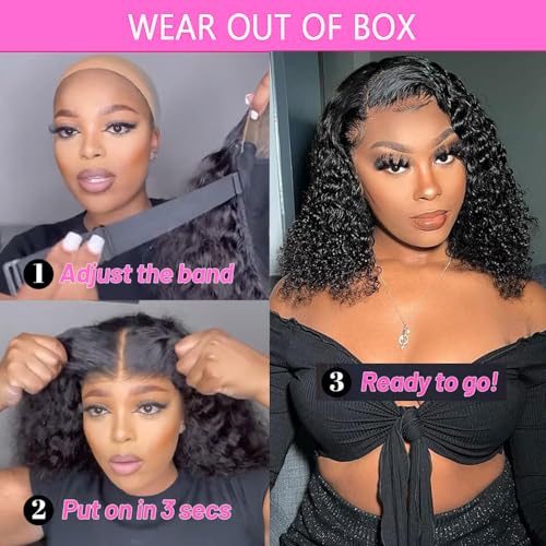 Wear and Go Glueless Wigs Human Hair Pre Plucked Pre Cut Deep Wave Curly Bob Wig Human Hair Lace Front Wigs for Black Women 4x4 Lace Closure Human Hair Bob Wigs Glueless 12 Inch