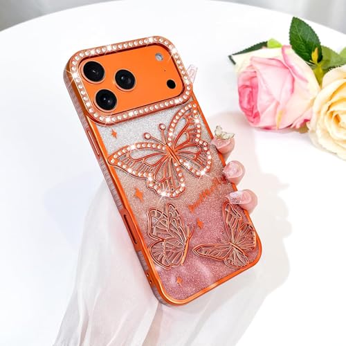 Image of Elzzi Electroplated Butterfly Phone Cover for iPhone 17 Pro Case, Showcasing Pearlescent Diamond Soft TPU, Camera Protection, Shockproof, Dropresistant Stylish for Girls & Women (Cosmic Orange)