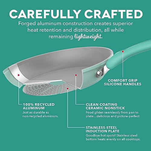 DASH Dream Green Nonstick Ceramic Cookware Set, 15 Piece, Pink - Recycled Aluminum and Ceramic, Nonstick Cookware Set, Oven Safe and Compatible with All Cooktops