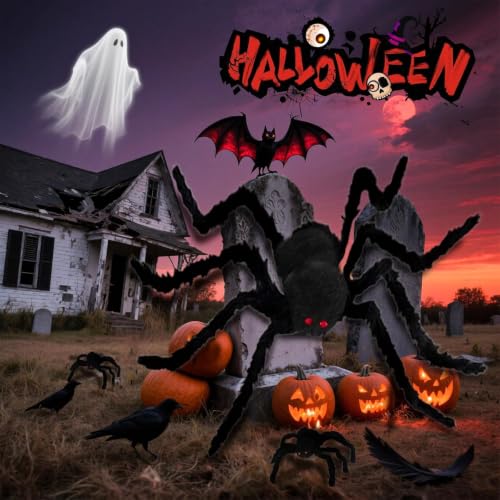 Image of Giant Spider 6.6 Ft + 0.98 Ft*2, Halloween Decorations 78 inch Fake Halloween Decor Spiders Large, Furry Spiders for Outdoor Indoor Yard Home Costumes Party House Decor, 3 Packs