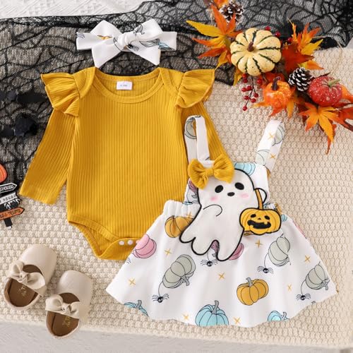 Baby Girl Halloween Outfit My First Halloween Ruffle Romper Pumpkin Suspender Overalls Dress Newborn Skirt Sets3