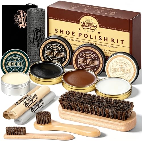 Awaydol 12 PCS Shoe Polish Kit - Horsehair Brushes, Black Brown Neutral Polish,Mink Oil Conditioner...