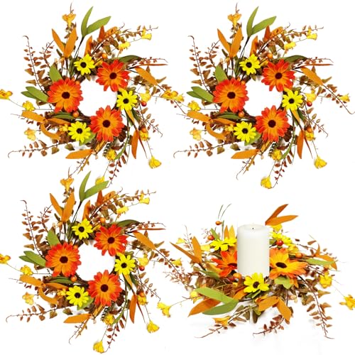 Image of 4 Pcs 3 Inch Fall Daisy Candle Rings Thanksgiving Table Centerpieces Mini Artificial Candle Rings Autumn Daisy Wreaths Cabinets Farmhouse Autumn Wreath for Indoor Front Door Wall Window Decorations