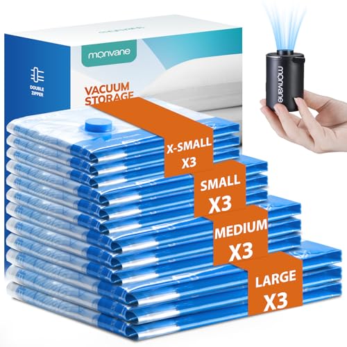 MONVANE Bolsas Vacío Ropa con Bomba Eléctrica Inalámbrica, 12 Piezas (3 * 80 x 60 cm, 3 * 70 x 50 cm, 3 * 60 x 40 cm y 3 * 50 x 30 cm), para Viajes, Edredones, Mantas y Almohadas