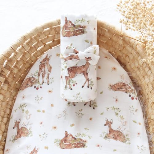 Image of LifeTree Baby Muslin Swaddle Blankets for Boys & Girls, Newborn Swaddle Set with Matching Headband Bow, Infant Blanket Wrap, 47 x 47 inches, Deer, 70% Viscose from Bamboo and 30% Cotton