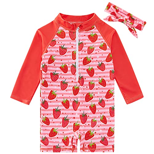 Image of TUPOMAS Baby Girls Swimsuit Long Sleeve Strawberry Bathing Suit Sun Protect Rashguard One Piece Swimwear 12-18 Months