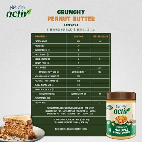 Image of Nutralite Activ Peanut Butter Natural Crunchy | 1kg Jar | 26g Protein per 100g | High Dietary Fibre | No Added Sugar & Salt | Zero Trans-Fat | No Gluten | No Hydrogenated Oil | No Preservatives