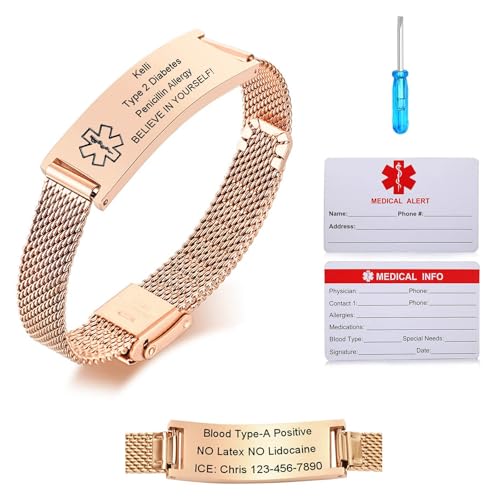 VNOX Personalizable Pulseras para Hombres Médica : Mujeres y Niños, Ajustable, Acero Inoxidable, Pulsera de Identificación Médica de Emergencia, Grabado Pulseras, Plata