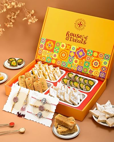 Image of HYPERFOODS House of Treats Rakhi Combo With Sweets Indian Sweets Gift Pack of 4 Kaju Katli Milk Cake Anjeer Chakkar Kesar Roll 200G each Flowers of Ganesha Rakhi Set of 5 With Roli & Rice