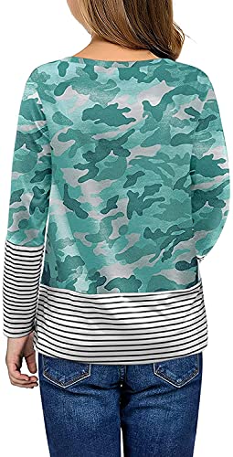 Image of Girls Casual Long Sleeve Color Block Pullover Top Stripe Button Crewneck Loose Tunic T-Shirts Blouse Size 4-13 Year