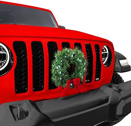 Christmas Car Decoration - Car Christmas Wreath - 2022 Light-Up Christmas Wreath for Car Grill - Fits Jeeps Trucks SUVs RVs Golf Carts and More - 12-Volt Plug-in Wreath Lighting