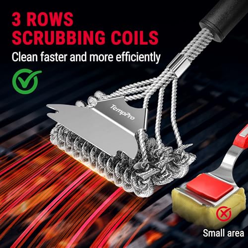 Image of TempPro BBQ Grill Brush with Wide Scraper, Bristle-Free Stainless Steel Grilling Cleaner, Safe All-Grate Cleaner, Perfect for BBQ Grill Cleaning Accessory (Previously ThermoPro)