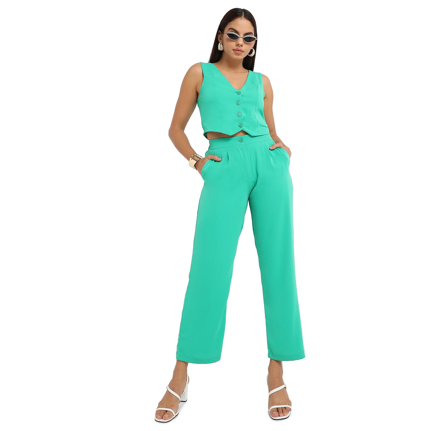 Campus Sutra Women's Aqua Green Chic Vest Co-Ord Set for Casual Wear | Sleeveless | Polyester Fabric | V Neck Clothing Set Crafted with Comfort Fit for Everyday Wear (Size:S) 3