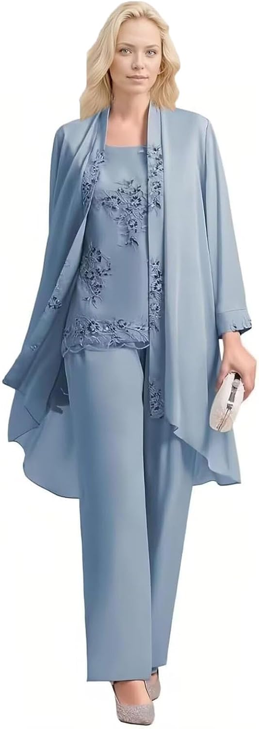Mother of The Bride Pant Suits Chiffon Lace Applique Plus Size Formal Wedding Guest Pants Outfit for Women