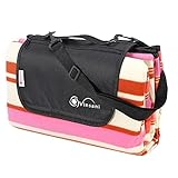 Vinsani 200 x 180 cm faltbare Picknickdecke wasserdicht & sanddichte Rückseite – ideal für Camping & Picknick im Freien – rosa gestreifte Teppichmatte mit Tragegriff