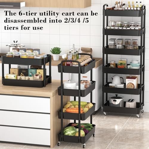 Image of Sywhitta 6-Tier Plastic Rolling Utility Cart with Wheels for Storage,Black