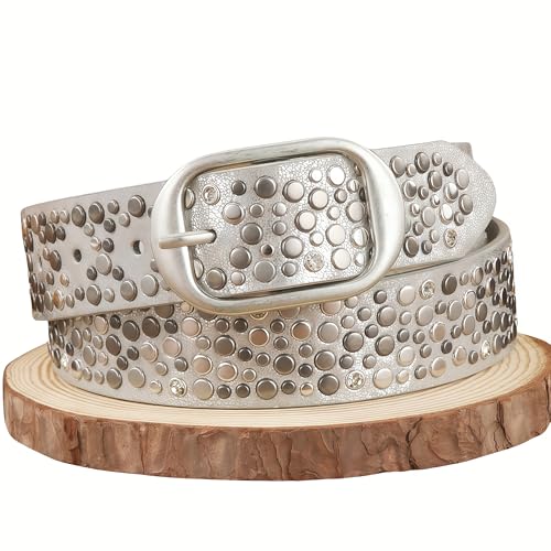 Punk Rhinestone Belt for Women Men - Y2K Studded Western Cowgirl Belt with Metal Spikes(Black/Silver/Brown) (Silver, 110cm)