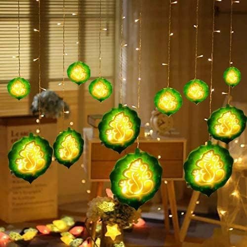 Image of Quace Leaf Ganesh /Ganpati Curtain Light with 8 Flashing Modes Decorative LED String for Home Decoration, Pooja & Festivals