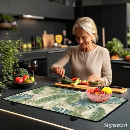 Image of Tropical Leaf Print Electric Stove Insulation Pad Heat & Stain Resistant Dish Drying Mat for Kitchen 30x21 Inch Cooktop Stove Guard Protector with Anti-Slip Grip Extra Large Mat