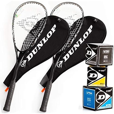 Dunlop Squashset: 2X Squashschläger BIOTEC LITE TI Silver Deluxe + 2X Schlägerhülle + 3 hochwertige Bälle Cover