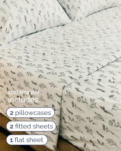 Image of Split King 5 Piece Floral Sheet Set - Soft, Breathable & Cooling - Plants | 1 Flat, 2 Fitted & 2 Pillowcases w / Deep Pockets, Boho Botanical Floral Bedding, Breathable & Cooling, Wrinkle & Fade Free