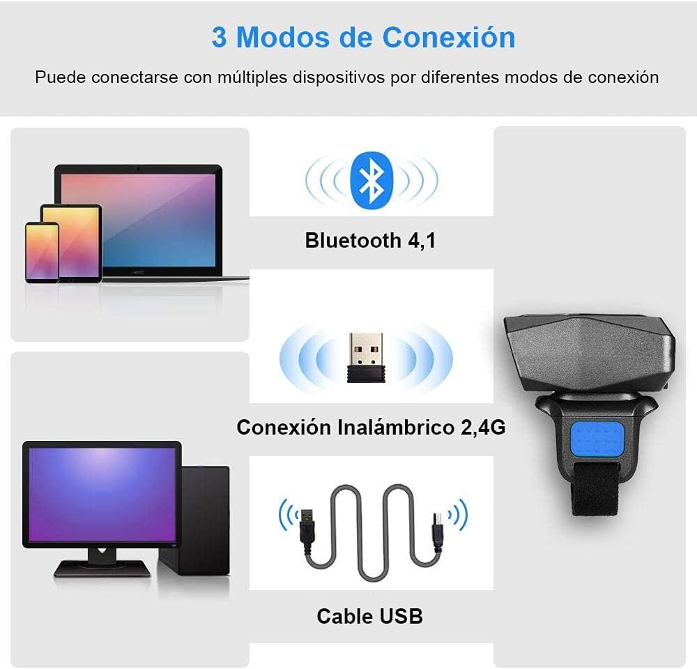 Eyoyo 1D Scanner di codici a barre Bluetooth, 2,4 G wireless, Mini lettore ad anello con cavo USB per iOS Android, per Magazzino Supermercato Libreria...